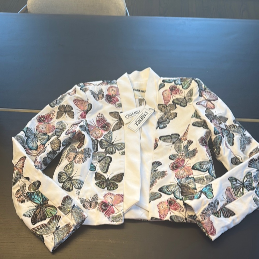 L'AGENCE White Butterfly Print Cropped Blazer